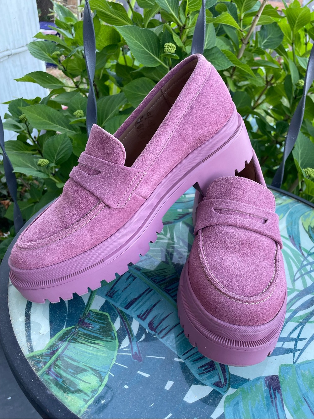 Patina Portland Leather Zoe Loafer suede foxglove pink purple lugged sole